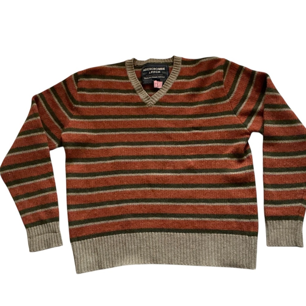 Abercrombie & fitch 90s indie academia wool v-neck sweater orange striped sz XL